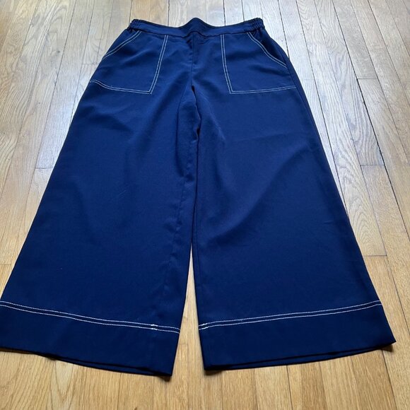 Trina Turk Size L Navy Blue w White Stitching Just Arrived Wide Leg Crop Pants - Picture 4 of 15